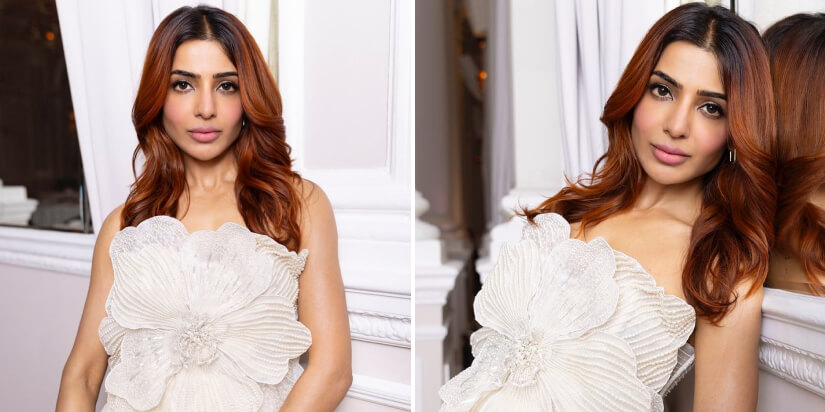 Samantha Ruth Prabhu in a sculptural flower top by designer Kresha Bajaj