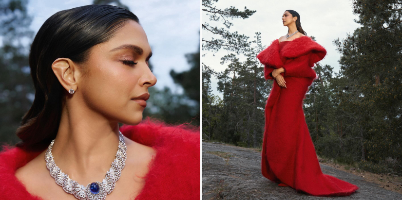 Deepika Padukone posing in a stunning red dress