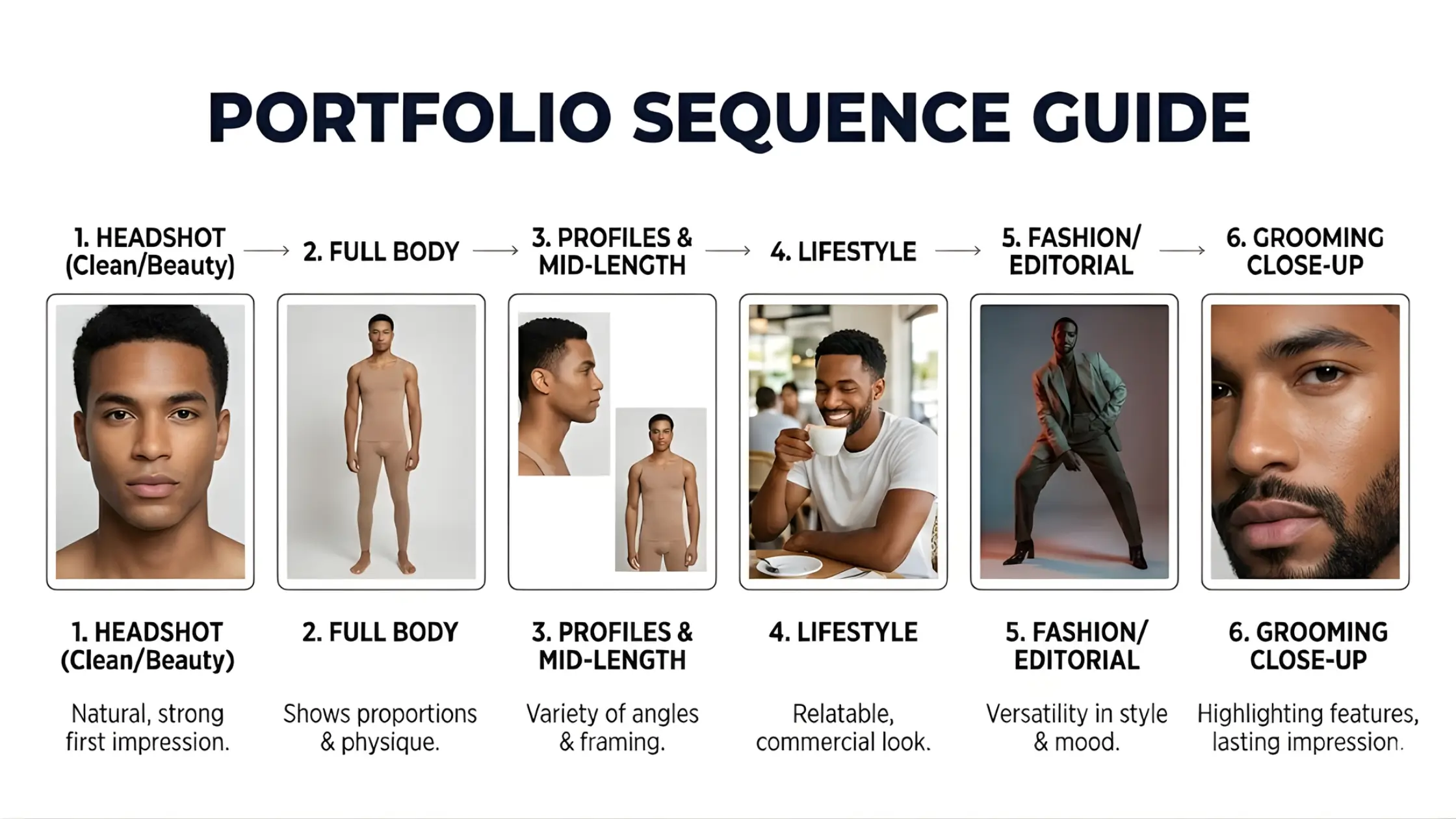 Portfolio sequence guide for an Indian male model